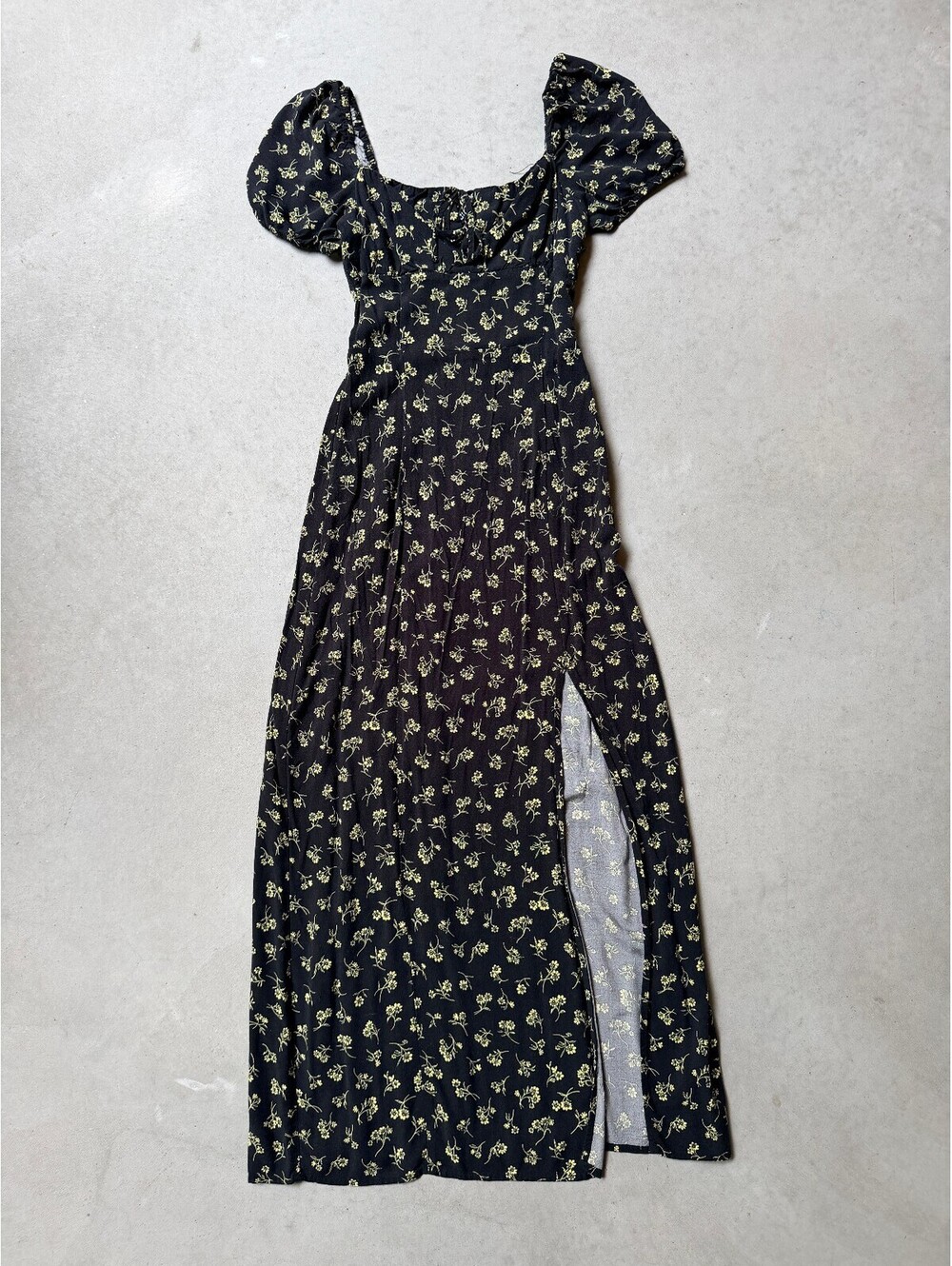 H&M Divided Black Floral Puff Sleeve Midi Dress with Side Slit, Size XS